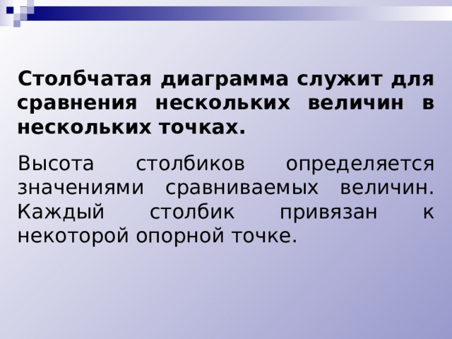 Столбчатая диаграмма служит для сравнения нескольких величин в нескольких точках.  Высота столбиков определяется значениями сравниваемых величин. Каждый столбик привязан к некоторой опорной точке. 