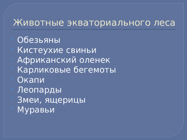 Животные экваториального леса Обезьяны Кистеухие свиньи Африканский оленек Карликовые бегемоты Окапи Леопарды Змеи, ящерицы Муравьи 