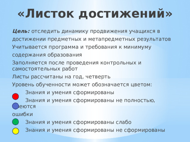 «Листок достижений»   Цель: отследить динамику продвижения учащихся в достижении предметных и метапредметных результатов Учитывается программа и требования к минимуму содержания образования Заполняется после проведения контрольных и самостоятельных работ Листы рассчитаны на год, четверть Уровень обученности может обозначается цветом:  Знания и умения сформированы  Знания и умения сформированы не полностью, имеются ошибки  Знания и умения сформированы слабо  Знания и умения сформированы не сформированы 