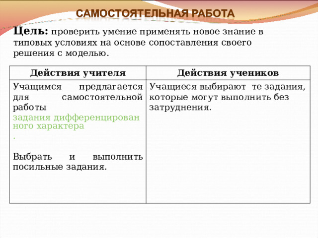 Цель:  проверить умение применять новое знание в типовых условиях на основе сопоставления своего решения с моделью. Действия учителя Действия учеников Учащимся предлагается для самостоятельной работы задания дифференцированного характера . Выбрать и выполнить посильные задания. Учащиеся выбирают те задания, которые могут выполнить без затруднения. 