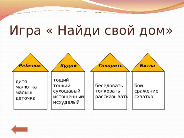 Игра « Найди свой дом» Ребенок  Худой  Говорить  Битва  тощий тонкий сухощавый истощенный исхудалый беседовать толковать рассказывать бой сражение схватка дитя малютка малыш деточка 