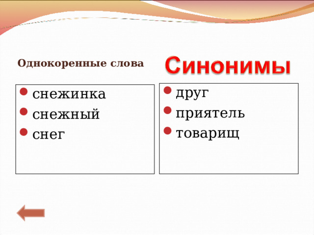 Однокоренные слова друг приятель товарищ снежинка снежный снег 