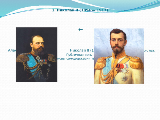  1. Николай II (1894 — 1917).    ←     Александр III Николай II (1894 ) Следовал заветам своего отца. Публичная речь .  « Охранять основы самодержавия твёрдо и неуклонно».          Александр IIII  