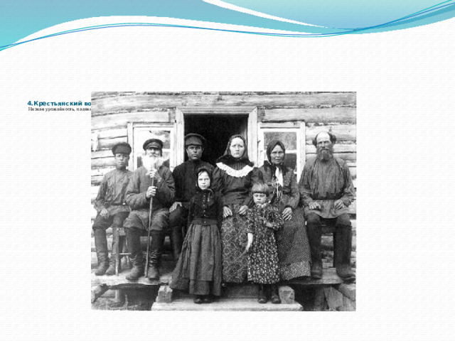           4.Крестьянский вопрос.   Низкая урожайность, падение платёжеспособности , заметный рост волнений.   