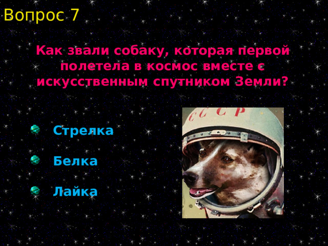 Вопрос 7 Как звали собаку, которая первой полетела в космос вместе с искусственным спутником Земли?  Стрелка  Белка  Лайка 