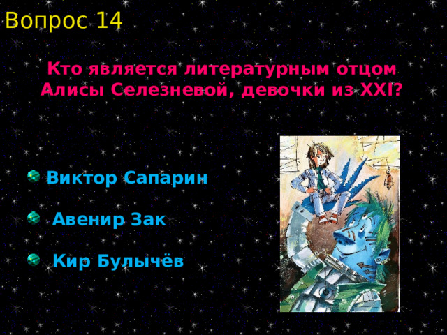 Вопрос 14 Кто является литературным отцом Алисы Селезневой, девочки из XXI ?  Виктор Сапарин  Авенир Зак  Кир Булычёв 