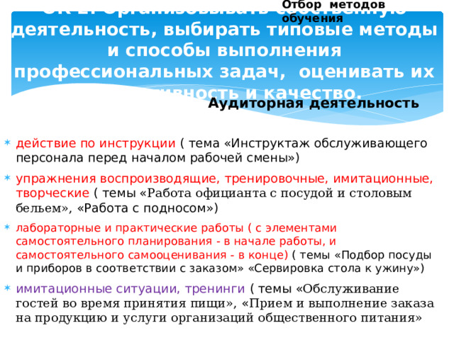 Отбор методов обучения ОК 2. Организовывать собственную деятельность, выбирать типовые методы и способы выполнения профессиональных задач, оценивать их эффективность и качество.    Аудиторная деятельность  действие по инструкции ( тема «Инструктаж обслуживающего персонала перед началом рабочей смены») упражнения воспроизводящие, тренировочные, имитационные, творческие ( темы « Работа официанта с посудой и столовым бельем», «Работа с подносом») лабораторные и практические работы ( с элементами самостоятельного планирования - в начале работы, и самостоятельного самооценивания - в конце) ( темы «Подбор посуды и приборов в соответствии с заказом» «Сервировка стола к ужину») имитационные ситуации, тренинги ( темы « Обслуживание гостей во время принятия пищи», « Прием и выполнение заказа на продукцию и услуги организаций общественного питания» 