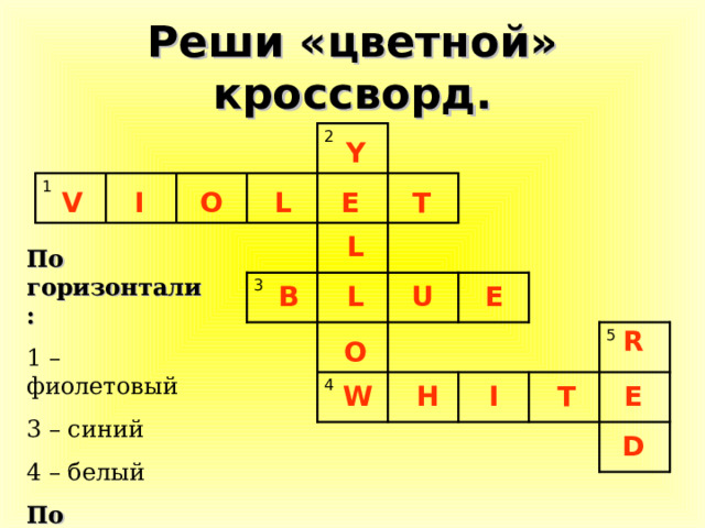 Реши «цветной» кроссворд. 1 2 3 4 5 Y I O L E T V L По горизонтали: 1 – фиолетовый 3 – синий 4 – белый По вертикали: 2 – желтый 5 - красный E L B U R O H I T E W D 