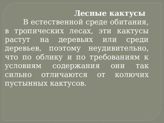  Лесные кактусы  В естественной среде обитания, в тропических лесах, эти кактусы растут на деревьях или среди деревьев, поэтому неудивительно, что по облику и по требованиям к условиям содержания они так сильно отличаются от колючих пустынных кактусов. 