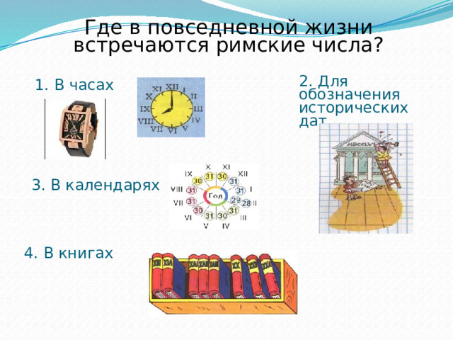 Где в повседневной жизни встречаются римские числа? 2. Для обозначения исторических дат 1. В часах 3. В календарях 4. В книгах  